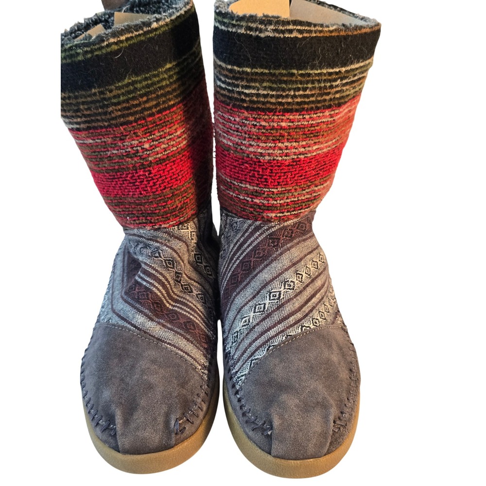 TOMS Nepal Boots Grey Suede Woven Striped Knit Faux Shearling Mid Calf Size 9